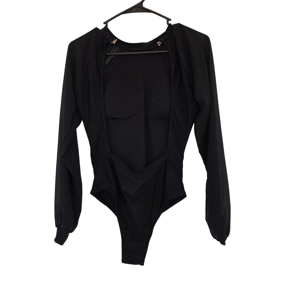 Black Long Sleeve Open Back Bodysuit with Sheer Mesh Sleeves Padded‎ Bust